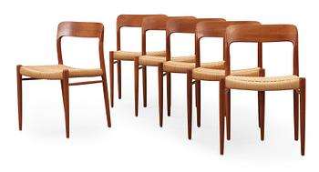 A set of six Niels Ole Møller teak chairs, JL Møller, Højberg, Denmark 1950's-60's.