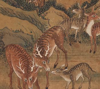 A hand scroll of 59 reindeers in a landscape, Qing dynasty.