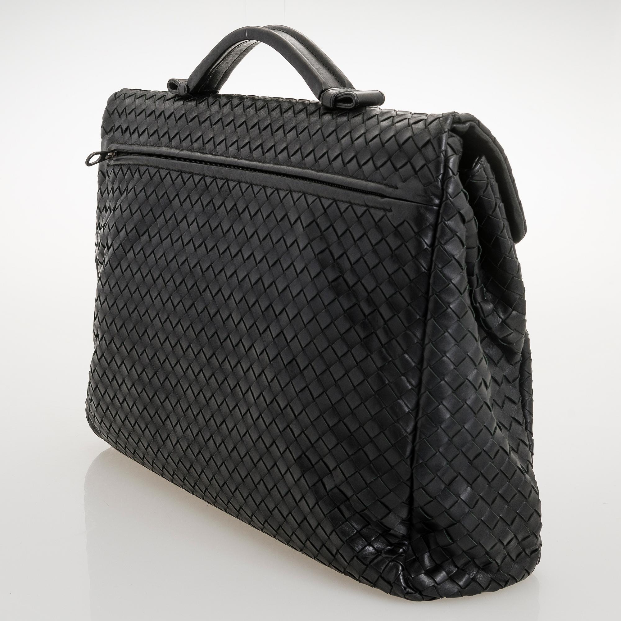 BOTTEGA VENETA Black Intrecciato Leather Briefcase.