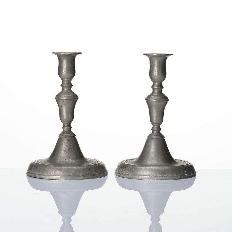 A pair of pewter candlesticks attributed to Johan Kruth 1772.