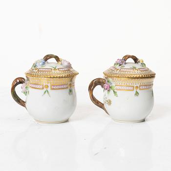 A pair of Royal Copenhagen 'Flora Danica' custard cups with covers and stands, Denmark, 20th century.