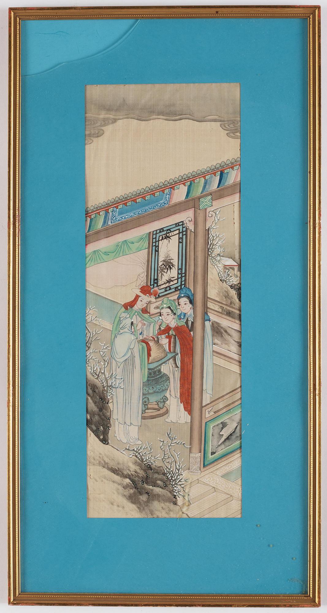 A group of seven Chinese paintings on silk by anonymous artist, Qing dynasty, 19th century.