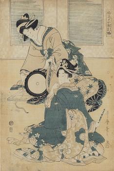 Kitagawa Utamaro, Två eleganta damer spelandes trumma.