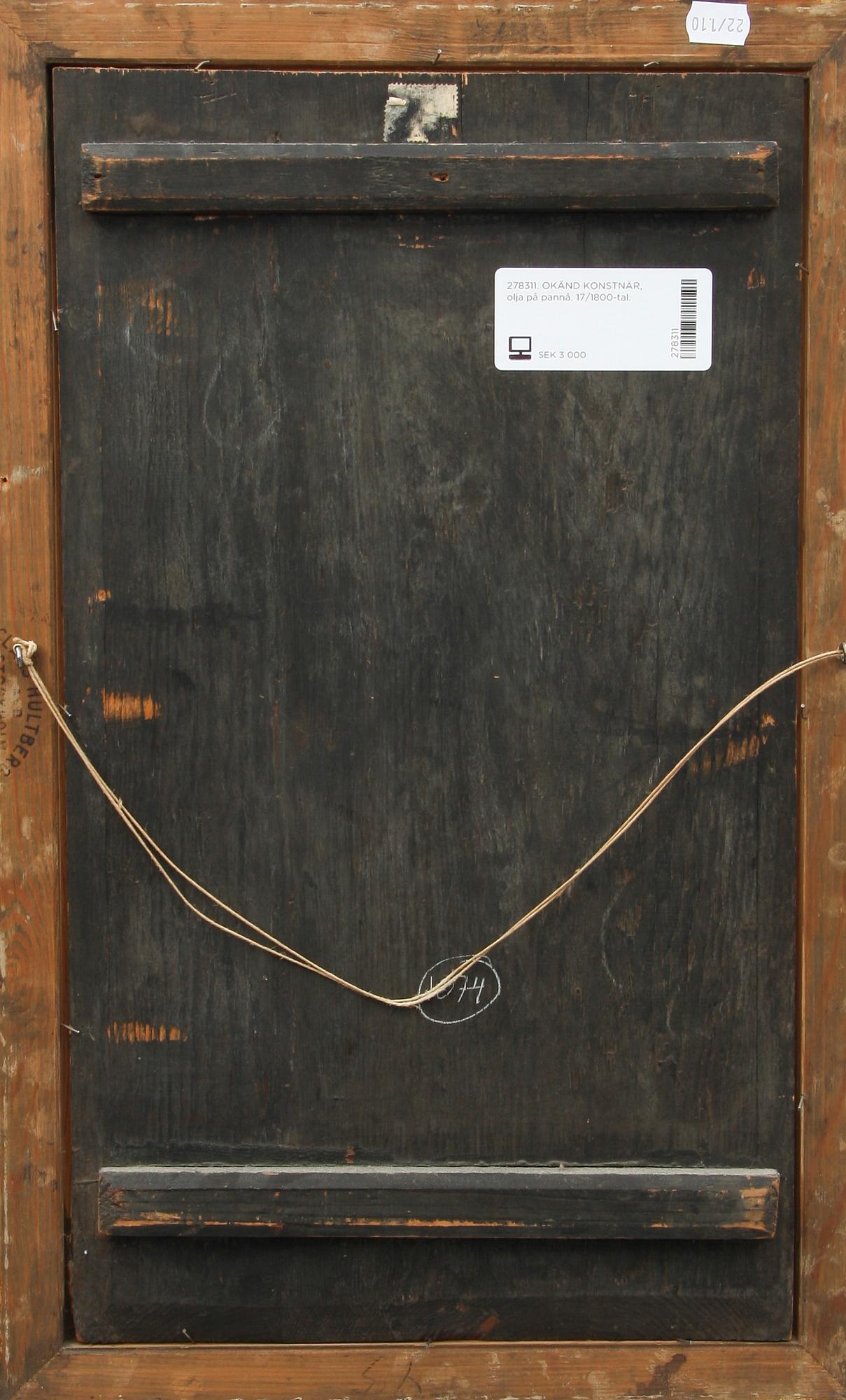 OKÄND KONSTNÄR, olja på pannå. 17/1800-tal.