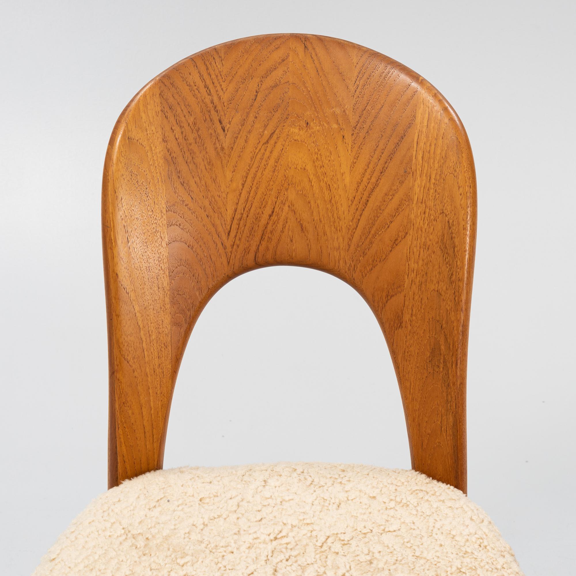 Niels Koefoed, six teak dining chairs upholstered in new sheep skin, Denmark, 1960's.