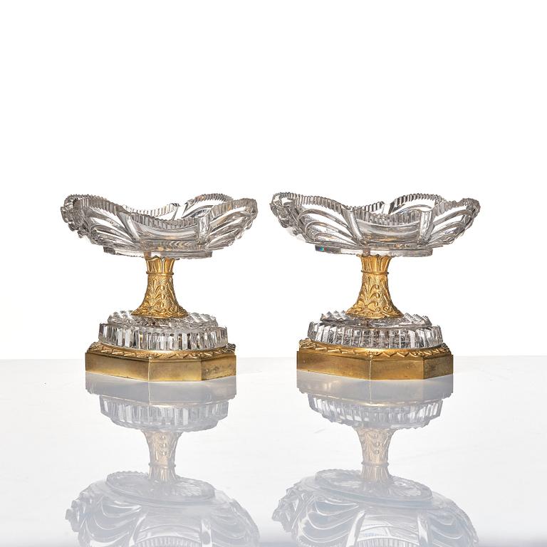 A pair of French Empire early 19th century gilt bronze and glass centre pieces.