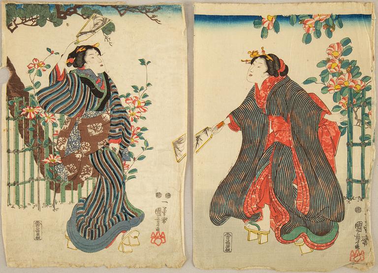 Three Japanese coloured woodblock prints, Meiji (1868-1912).