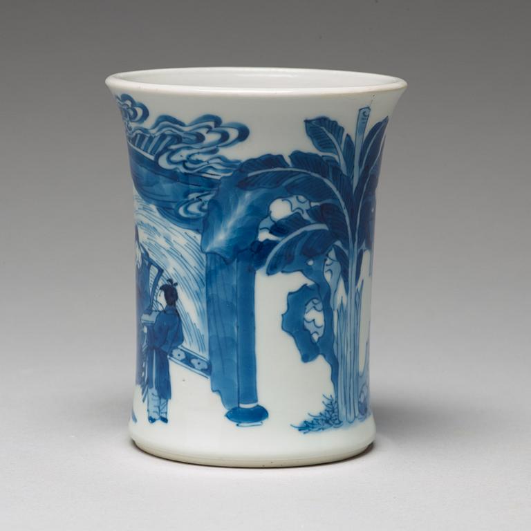 A blue and white Transitional brush pot, 17th Century with Chenghua mark.