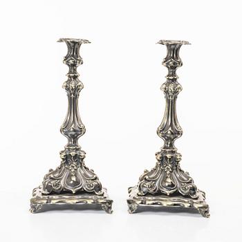 A pair of silver plated Rococo style candelabra, 20th century.
