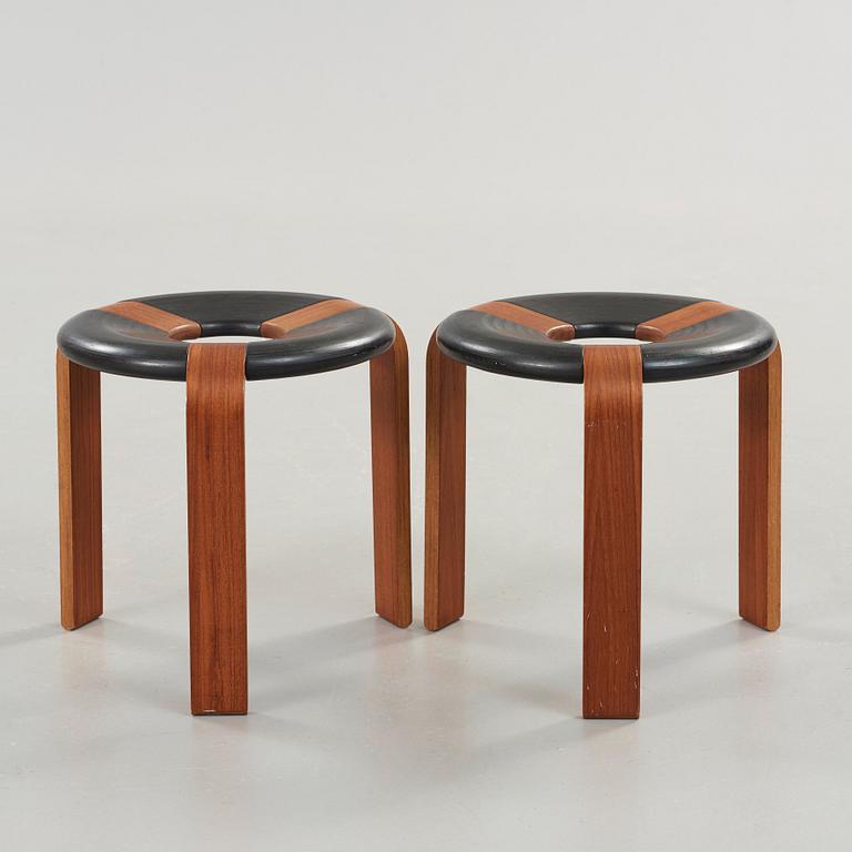 Rud Thygesen, a pair of teak and black lacquered stools, Magnus Olesen, Denmark 1970's.