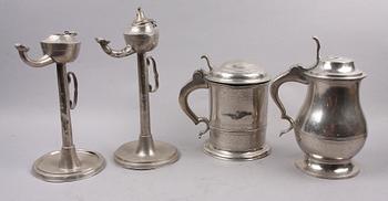 STOP, 2 st samt OLJELAMPOR, 2 st, tenn, bl a Nils Abraham Santesson, Stockholm, 1800-tal.