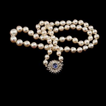 PÄRLCOLLIER, odlade pärlor med lås i 18k vitguld med 10 odlade pärlor och fasettslipad blå safir.