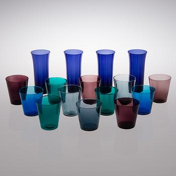 A set of 1950-1970s 12+4 drinking glasses for Nuutajärvi, Finland.