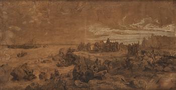 August Malmström och Hans Gude, tuschlavyr på brunt papper förhöjd med vit gouache, signerad Hans Gude och A. Malmström.