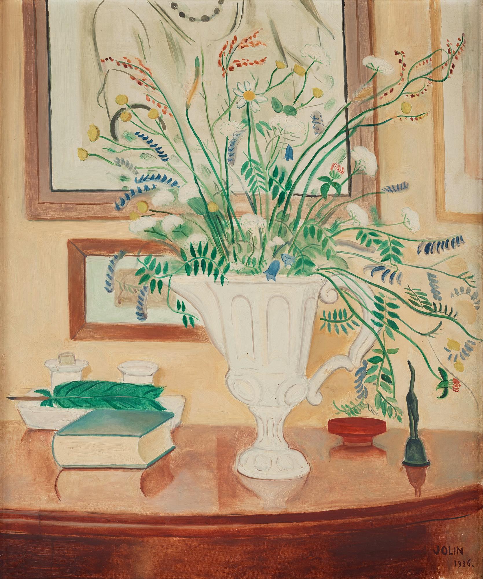 Einar Jolin, Blomster i vit kanna på bord.