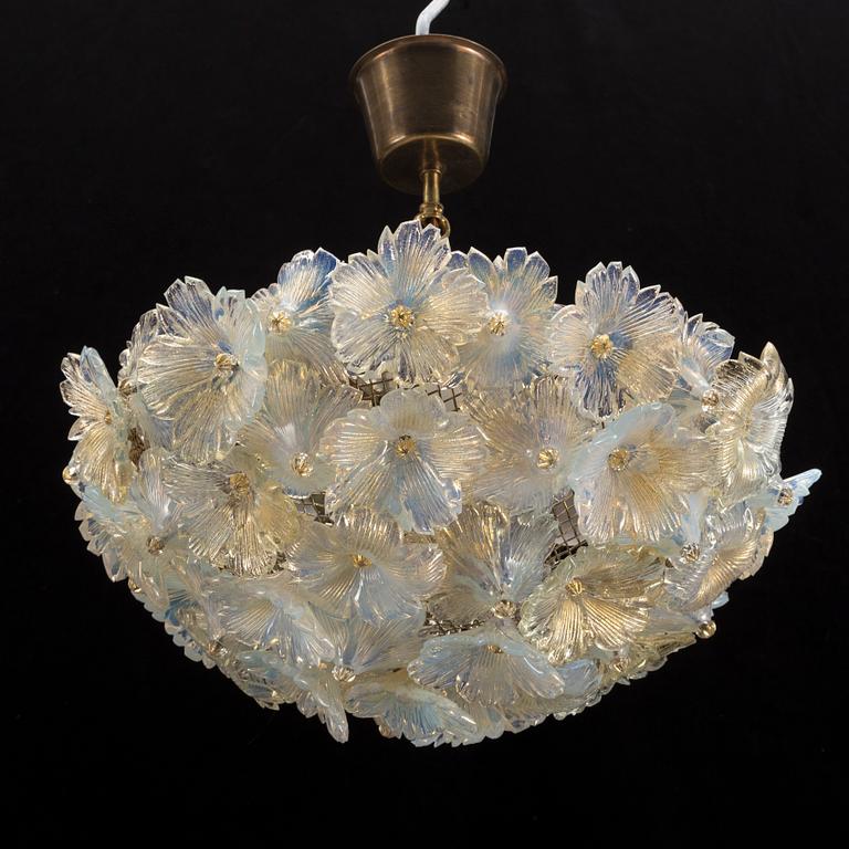 A 20th century glass and brass ceiling light, probably Murano, Italy.