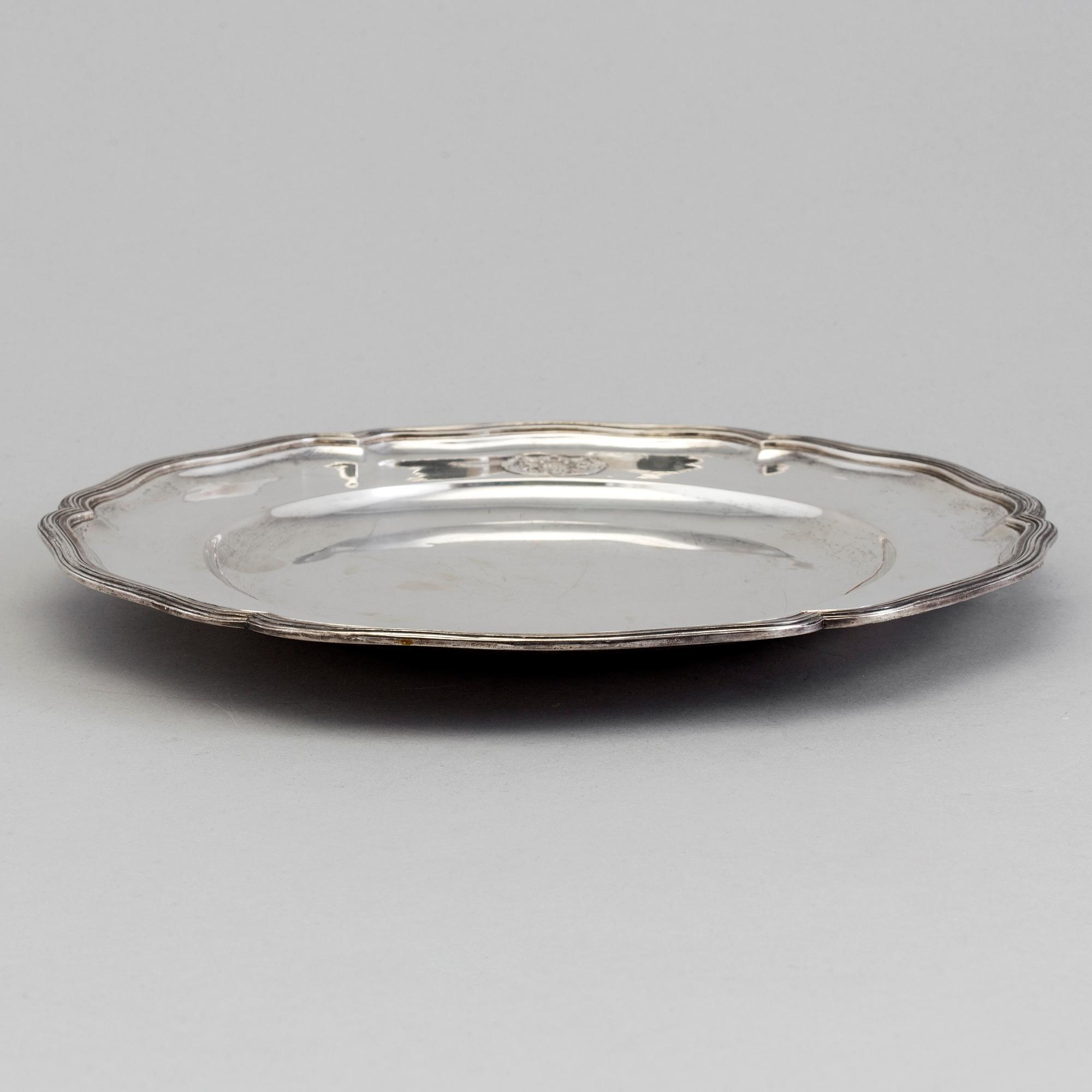 A Swedish silver dish with the family crest of Åkerhielm by Gustaf Möllenborg in Stockholm 1850.