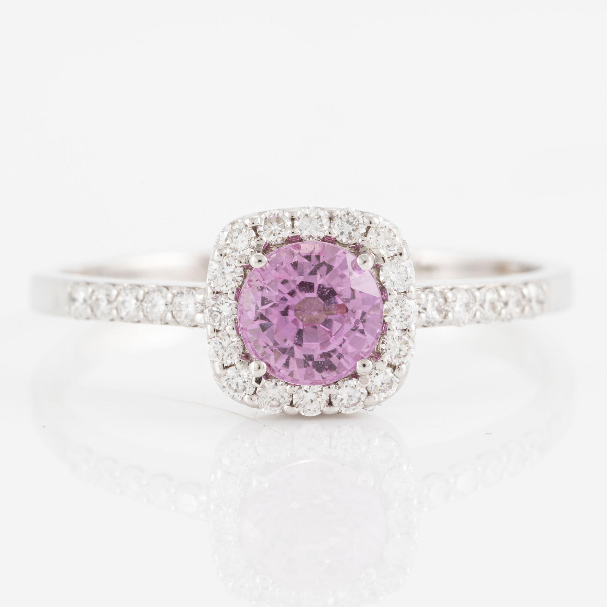 Ring, 14K white gold with pink sapphire and brilliant-cut diamonds.
