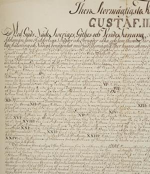 Gustav III.  Handskrivet utmaningsbrev till riddarspelet på Ekolsund 1776.
