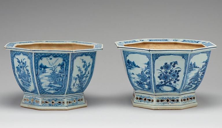 Two blue and white flower pots, Qing dynasty, Qianlong (1736-95).