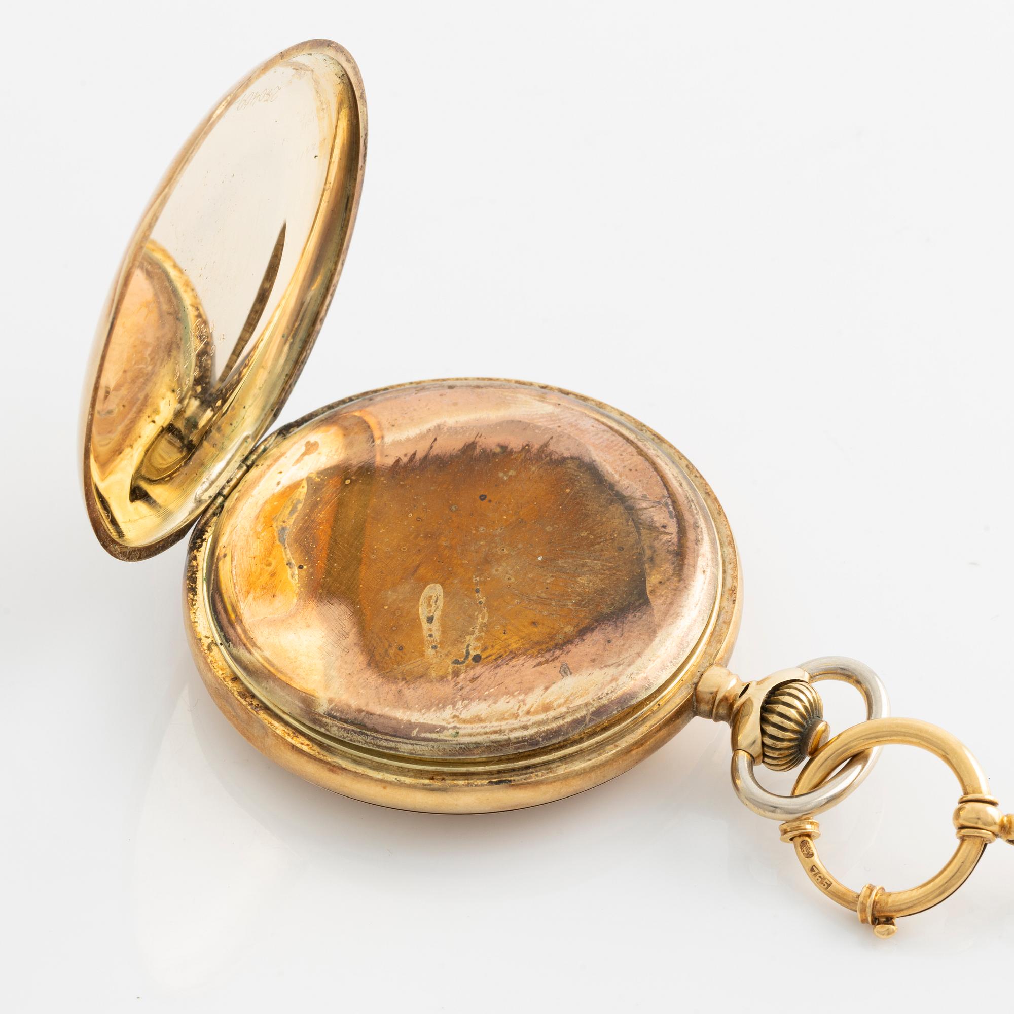 Fickur, 14K guld, kedja 18K guld, "G. Moström Stockholm", savonett, 51 mm.