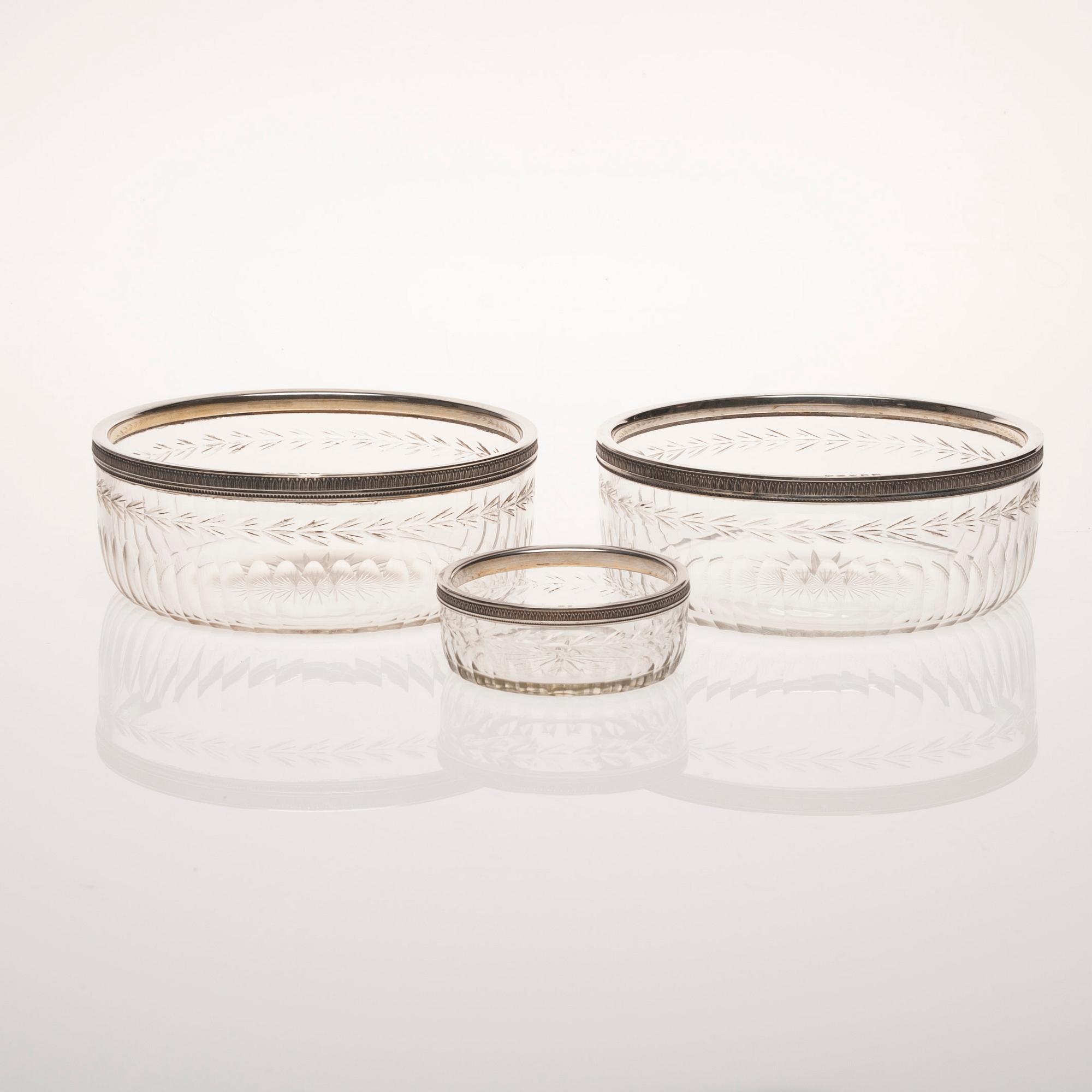 SKÅLAR, 3 st, silver och glas, Wolfers Frères Workshop, Belgien före 1942.