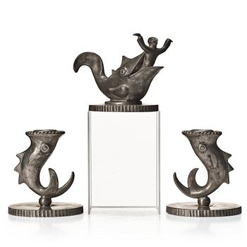 284. Carl Milles, a pair of pewter candlesticks and inkwell, Herman Bergman, 1930, the model exhibited at the Stockholm Exhibition.