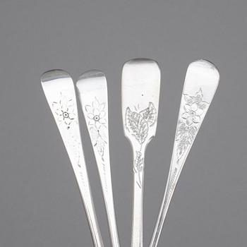 PARTI BESTICK, silver, mest England 1700-1900-tal. Tot ca 1453 gram.