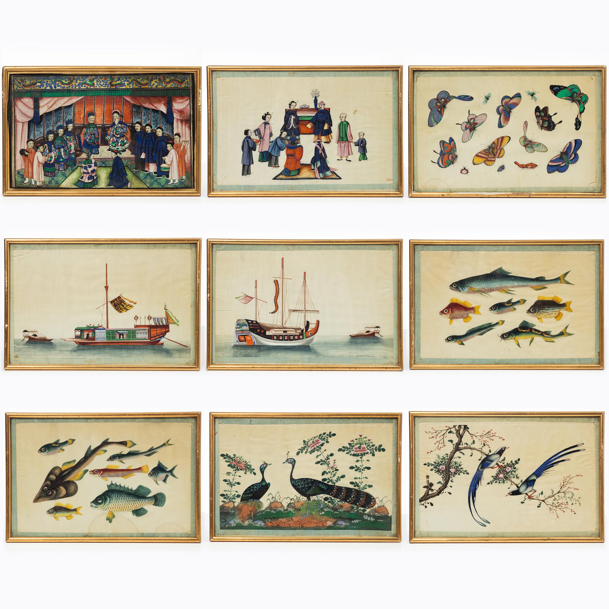 Rispappersmålningar, 9 stycken. Qingdynastin, 1800-tal.