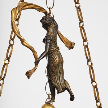 A patinated and ormolu six-light Empire chandelier, Stockholm, first part 19th century.