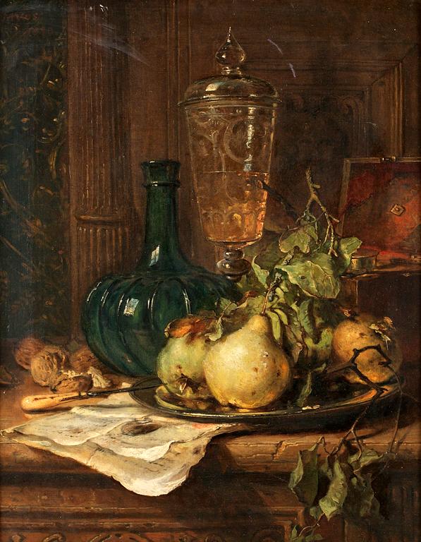 Maria Vos, Stilleben med glaspokal, flaska och frukter.