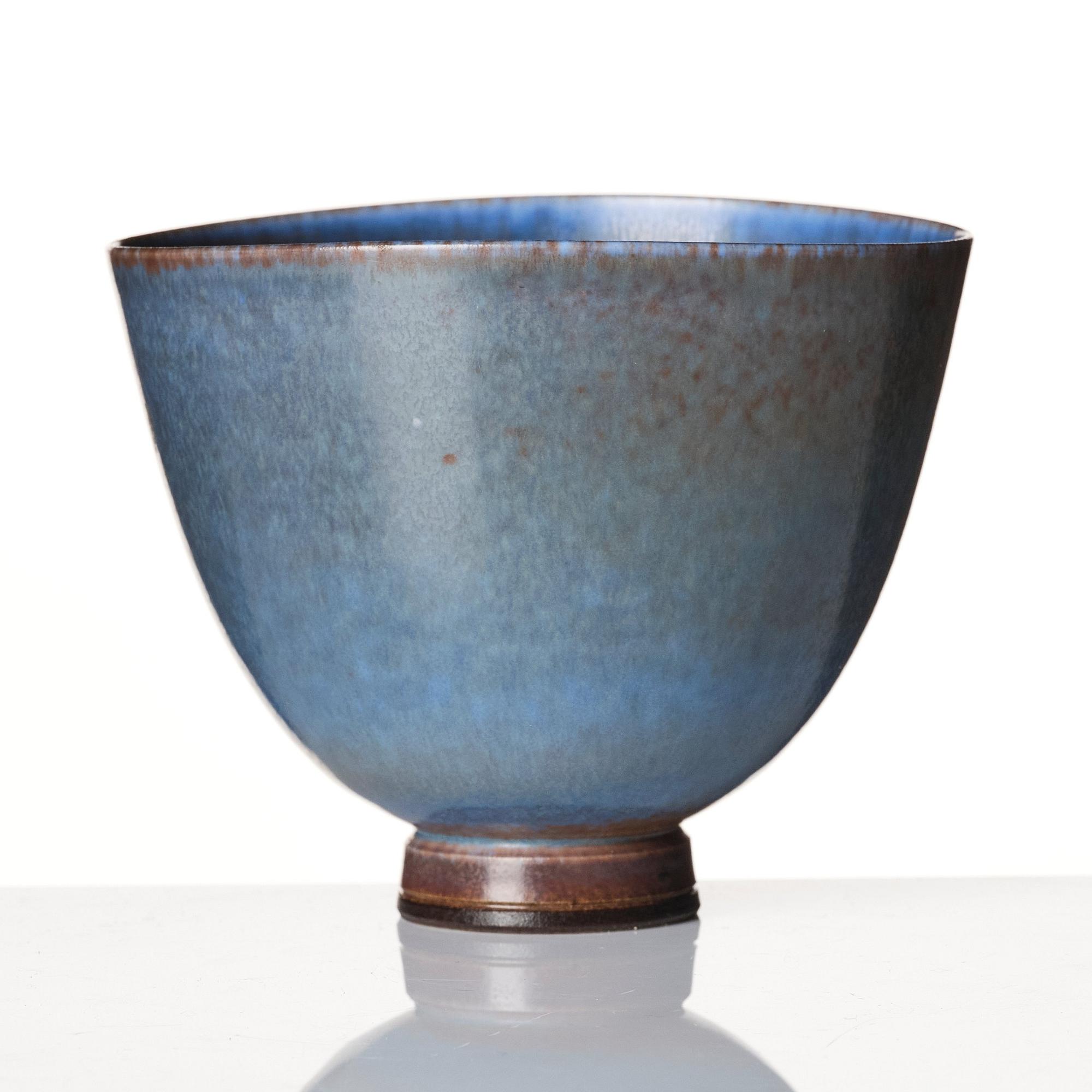 Berndt Friberg, a set of two stoneware vases and a bowl with rabbit's fur glazes, Gustavsberg Studio, Sweden, dated 1944-45, 1956, 1958.