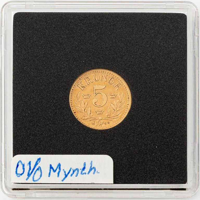Gold coin, Oscar II, 5 kronor, type I, Sweden 1881.
