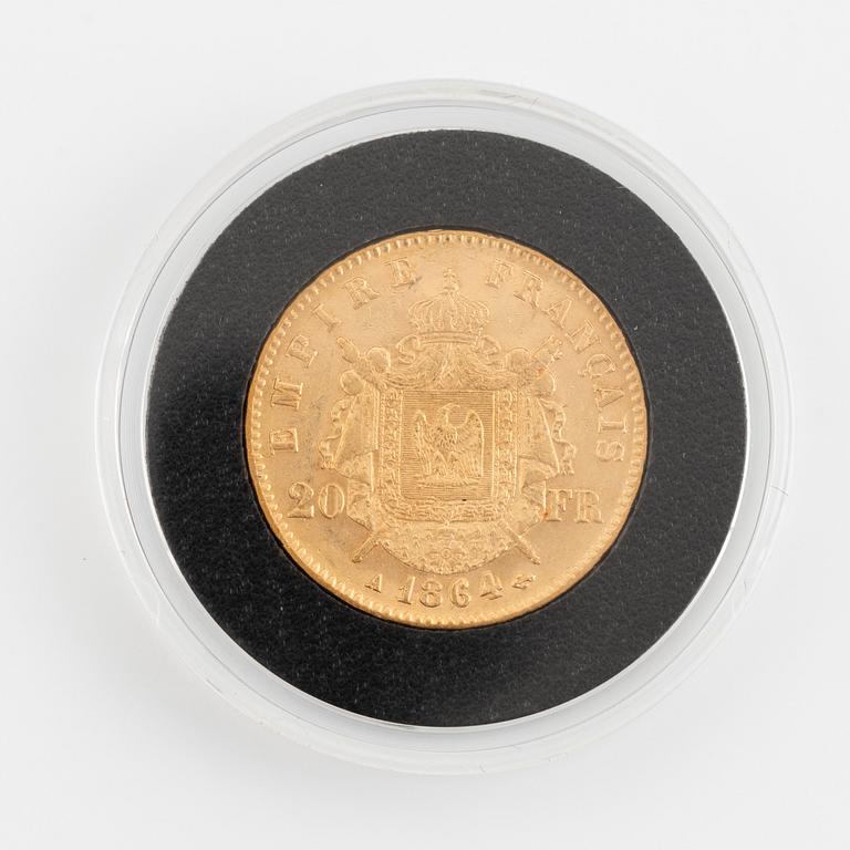 Guldmynt, Napoleon III, 20 franc, 1864.