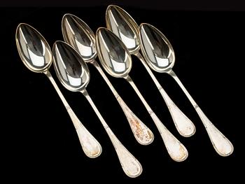 MATSKEDAR, 6 st, silver. "Rosett" B. Erlandsson, Kristianstad 1913. Ca 370g.