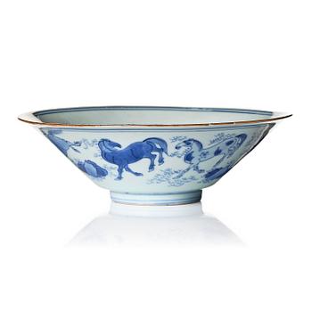 1339. A blue and white 'eight horses of Muwang' bowl, Qing dynasty, Shunzhi period, mid 17th century.