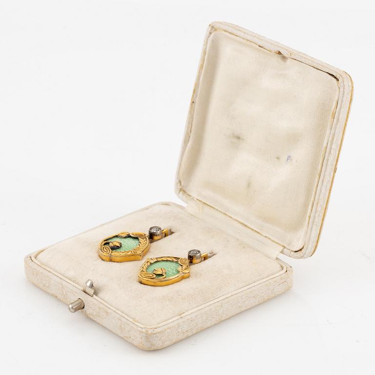 A pair of earrings 14K gold with green enamel and old-cut diamonds, St. Petersburg Russia, 1899-1908.