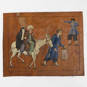 Unidentified artist, three paintings on leather, Iran, late Qajar dynasty/20th century.