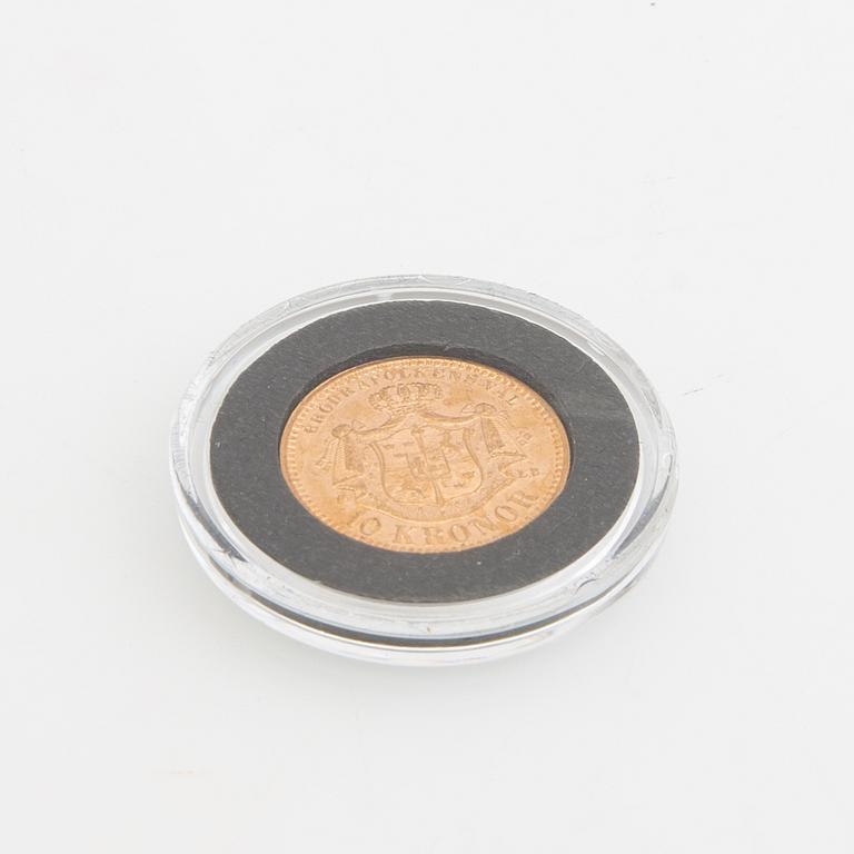 Gold coin Sweden, Oscar II 10 kr, 1883, mint error.