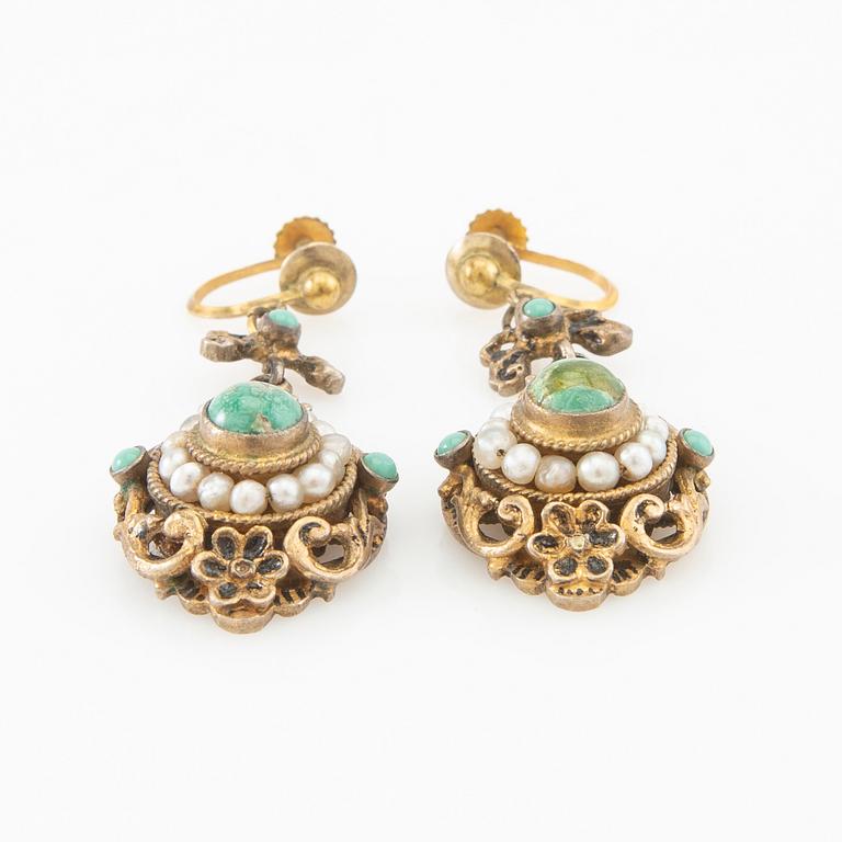Earrings, a pair with enamel, turquoises, and cultured seed pearls, circa 1900.
