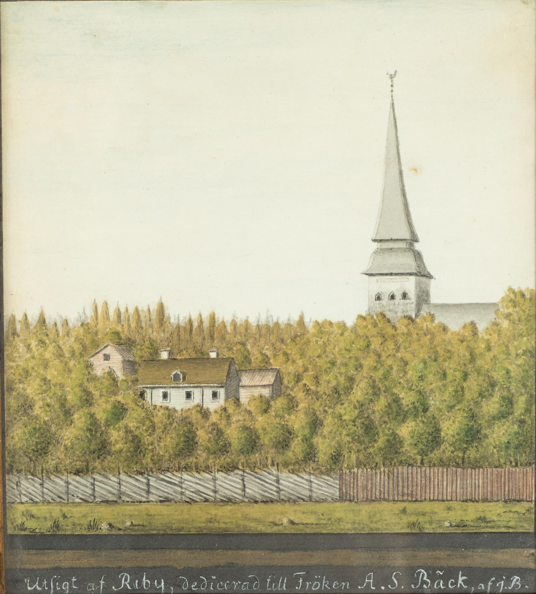 Swedish artist, circa 1800. "Utsigt af Riby, dedicerad till Fröken A.S. Bäck , af JB".