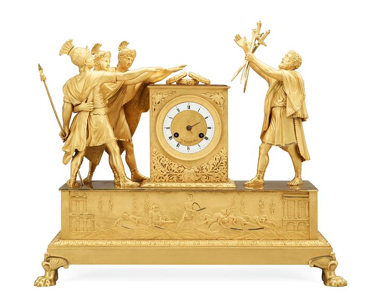 A French Empire early 19th Century gilt bronze mantel clock "Oath of the Horatii".