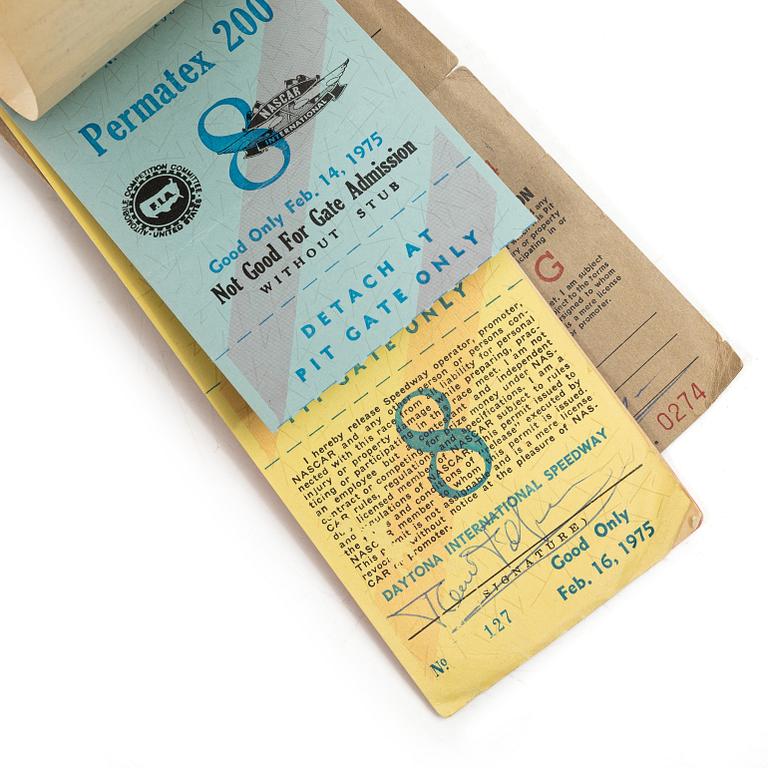 Balaclava/fire hood and access pass for the IROC races at Daytona in February 1975.