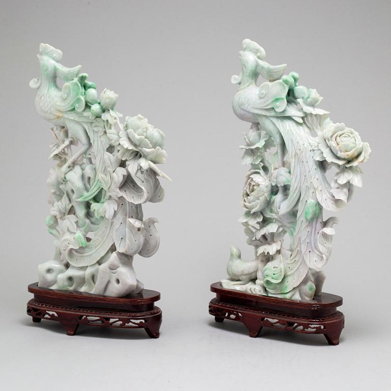 A pair of Chinese modern pale green and pale mauve stone carvings/sculptures, 20th century.