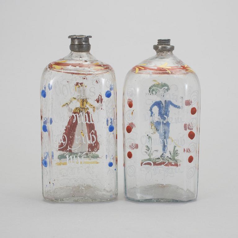 FLASKOR, glas, 2 st, Tyskland 1700-tal.