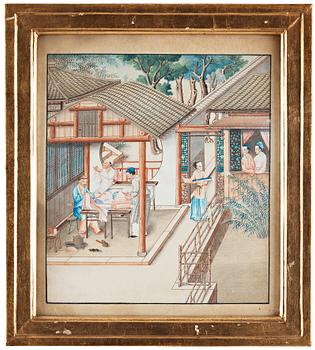 AKVARELLER, nio stycken. Okänd konstnär, Qingdynastin, 1800-tal.