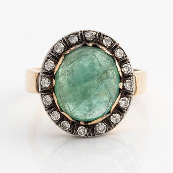 Ring with cabochon-cut emerald and eight-cut diamonds.