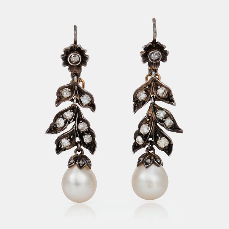 A pair of old-cut diamond and probably natural pearl earrings.