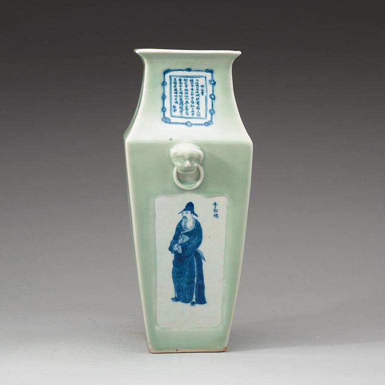 A celadon ground blue and white vase, late Qing dynasty.