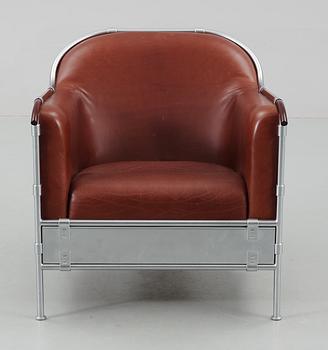 A Mats Theselius 'Theselius Rex' iron and brown leather armchair by Källemo, Sweden, post 1995.